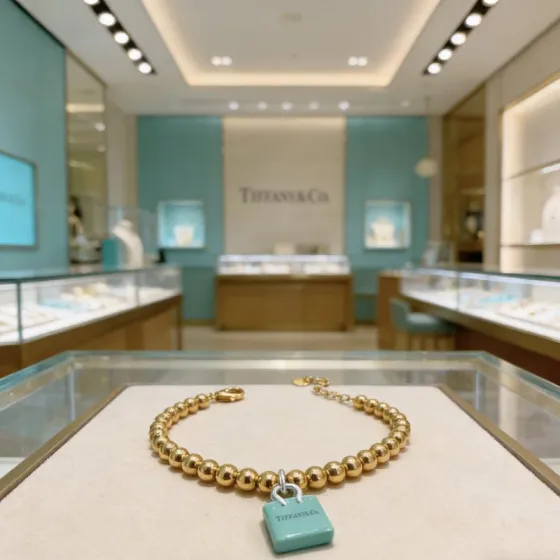 Tiffany Co Return to Tiffany Blue Padlock Charm Bead Collection necklace 18k gold tone metal with signature Tiffany blue enamel padlock charm silver tone hardware 18 inches