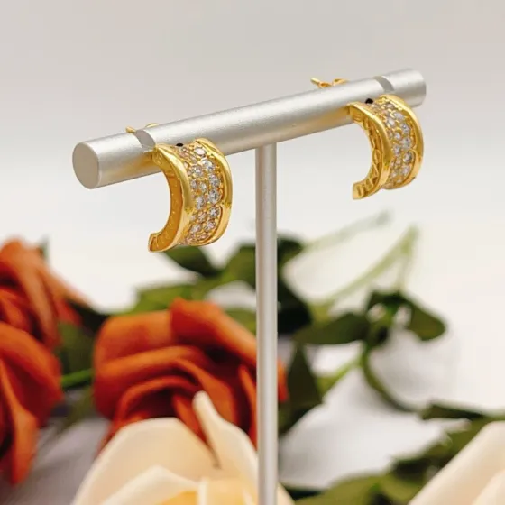 Bvlgari B zero1 earrings yellow gold with clear pave diamonds 15mm hoop diameter