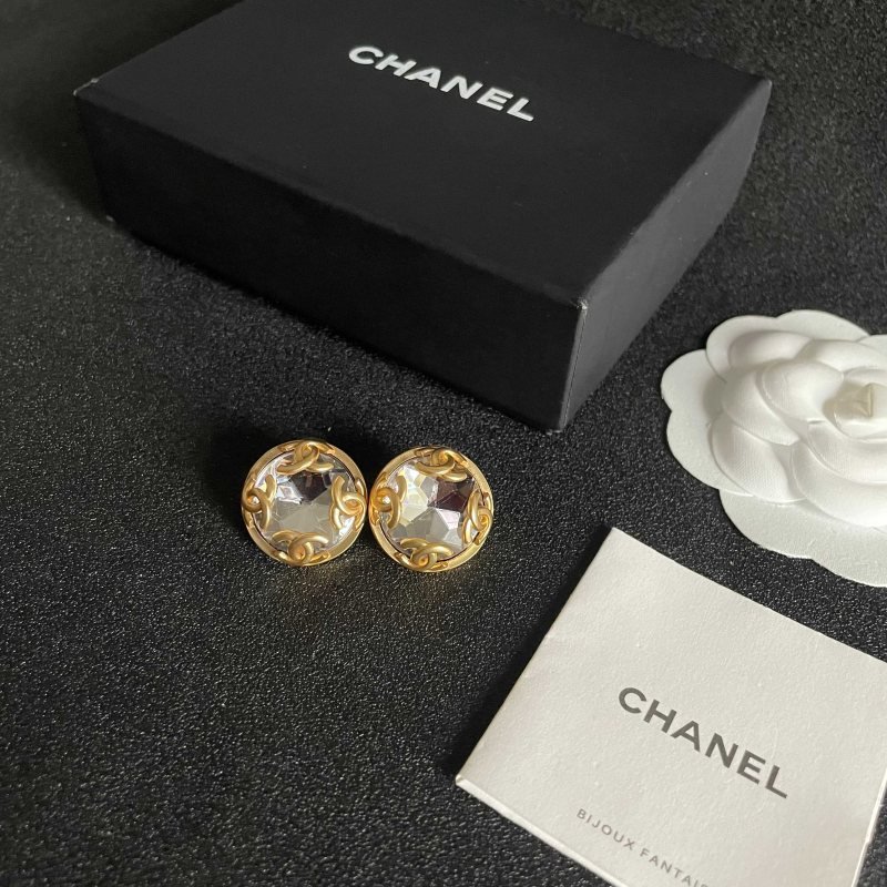 Chanel CC Logo Faceted Crystal Round Stud Earrings earrings Gold-tone metal with clear faceted crystal 2cm diameter