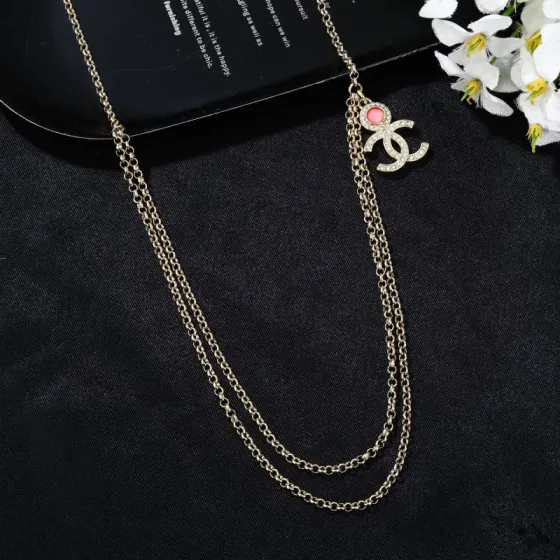 Chanel CC Logo Double Chain Waist Chain necklace gold-tone metal with clear crystal and pink cabochon 80cm adjustable