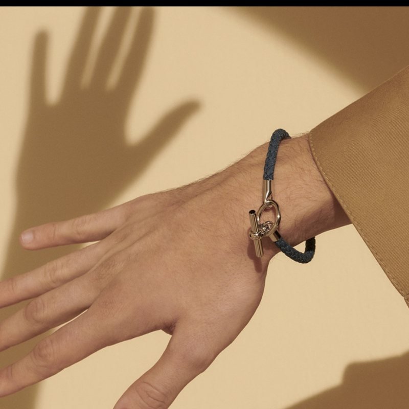 Hermes Glenan bracelet navy blue braided leather with silver-tone metal hardware 20cm