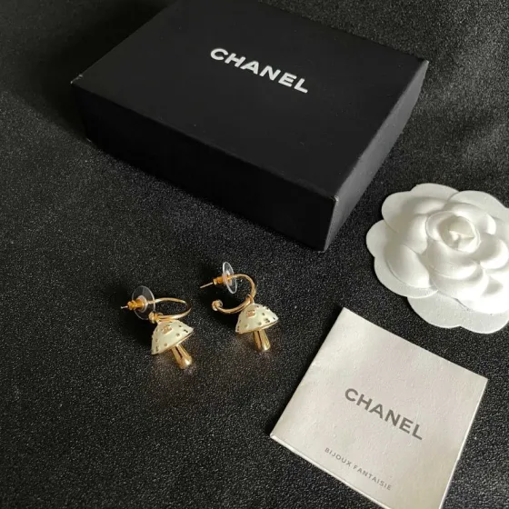 Chanel CC Mushroom Drop Hoop Earrings earrings gold-tone metal cream white enamel 1 5cm hoop diameter 2cm total drop length