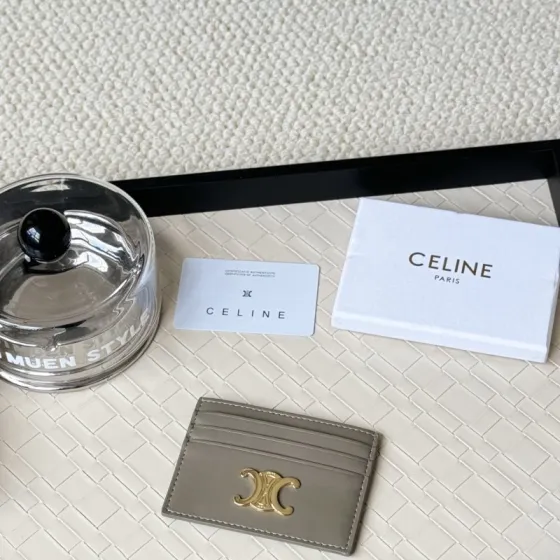 Celine Triomphe card holder pebble gray leather with gold-tone metal hardware 10 5cm x 7