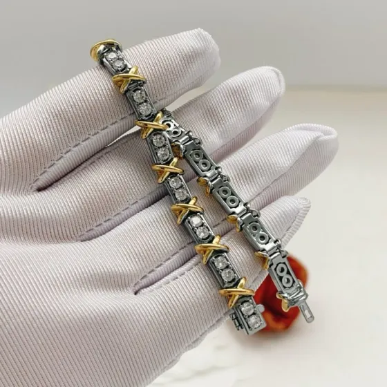 Tiffany Co Signature X Diamond Tennis Bracelet bracelet Two-tone sterling silver and 18k gold with clear round diamonds One size fits all