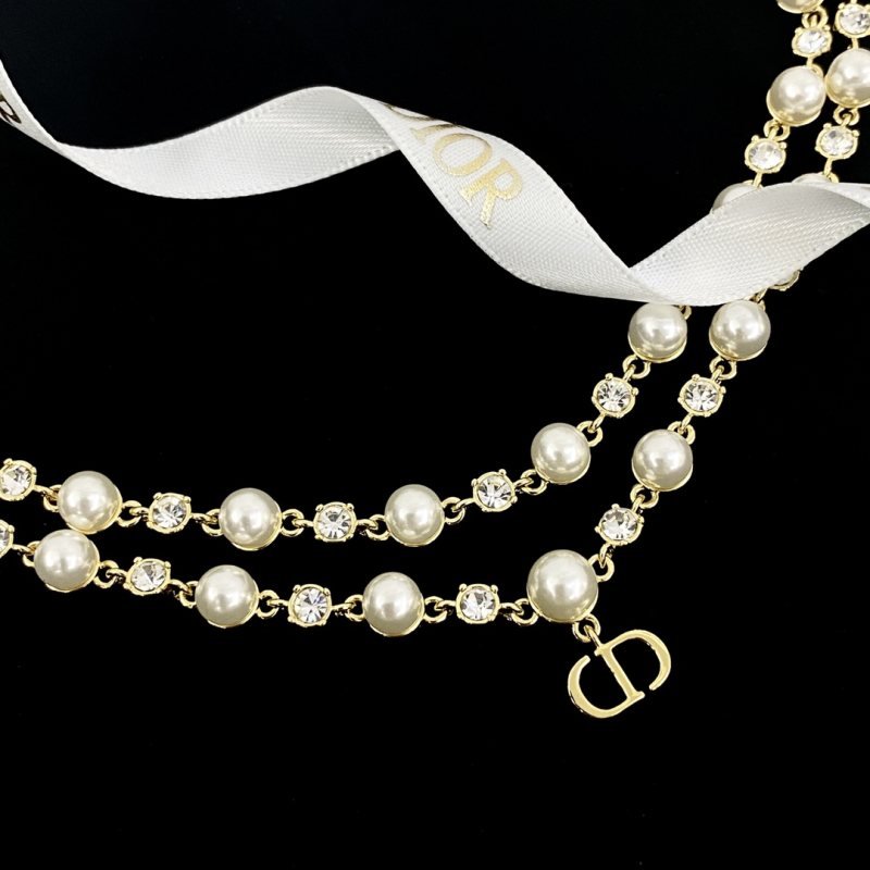 Dior Petit CD Pearl Crystal Layered Choker necklace gold-tone metal white faux pearl clear crystal 40cm with 5cm extender chain