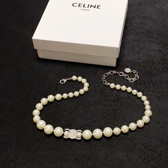 Celine Triomphe Pearl Choker necklace silver-tone metal cream white faux pearl clear crystal 40cm with 5cm extender
