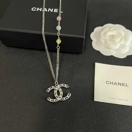 Chanel CC Logo Multicolor Bead Pearl Pendant Necklace necklace Silver-tone metal with white faux pearl accents pink clear yellow pastel resin beads 42cm