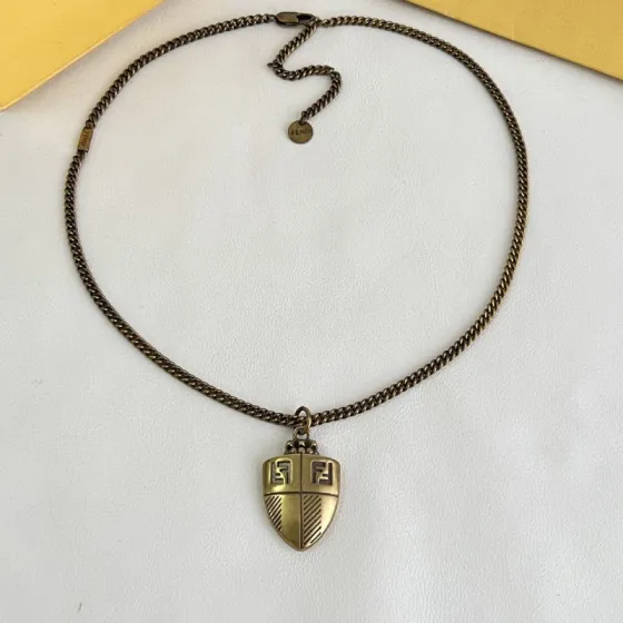 Fendi FF Shield Pendant necklace antique brass gold 45cm