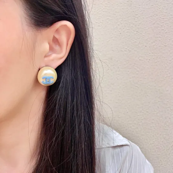 Chanel CC Logo Faux Pearl Stud Earrings earrings Cream faux pearl with light blue enamel CC logo gold-tone metal edge 2cm diameter