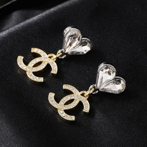 Chanel CC Heart Crystal Drop earrings Two-tone gold and silver metal with clear faceted crystals 2 2cm drop length