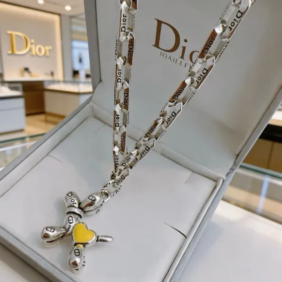 Dior Balloon Dog Pendant Chain Necklace necklace Silver-toned metal with yellow enamel heart accent 50cm