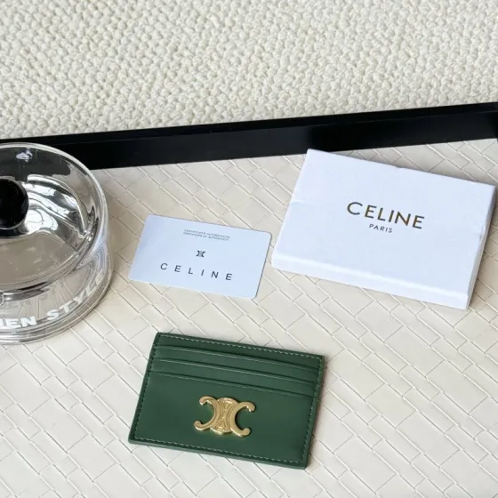 Celine Triomphe card holder dark green smooth leather with gold-tone metal hardware 10 5cm x 7