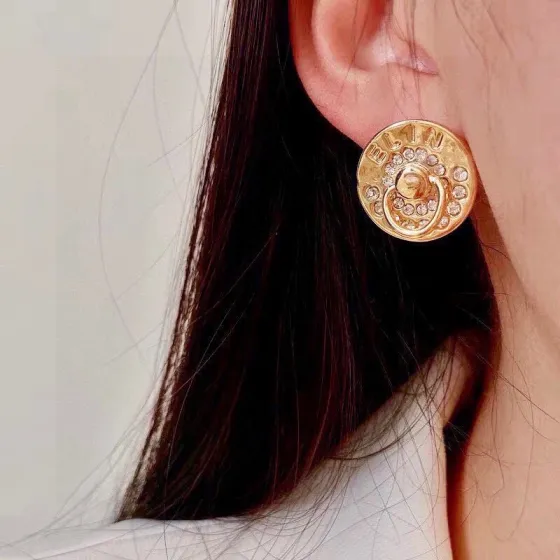 Celine Logo Coin Crystal Stud Earrings earrings gold-tone metal with clear crystal accents 1 5cm diameter