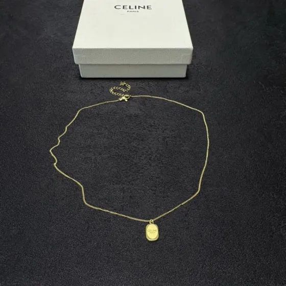 Celine Logo Engraved Small Dog Tag Pendant necklace 14K gold tone metal no accent stones 40cm with 5cm extender