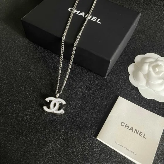 Chanel CC Logo Pendant Necklace necklace Silver-tone metal with white enamel 42cm