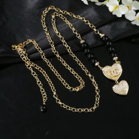Chanel CC Double Heart Black Bead Pendant Necklace necklace Gold-tone metal black beads clear crystal pave 60cm
