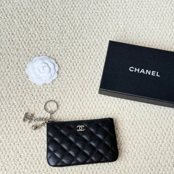 Chanel Classic Quilted Caviar Key Holder Pouch pendant Black grained caviar leather with silver-tone metal hardware Key ring diameter 2 5cm pouch length 12cm
