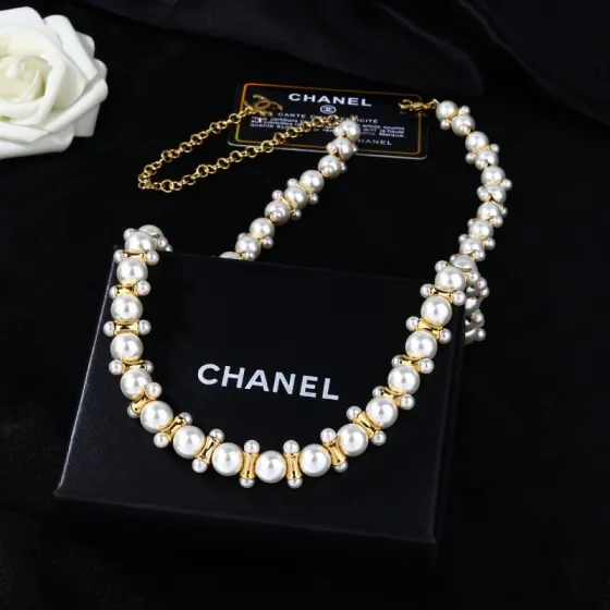 Chanel CC Logo Pearl Chain necklace gold tone metal white faux pearl 42cm with 7cm extender