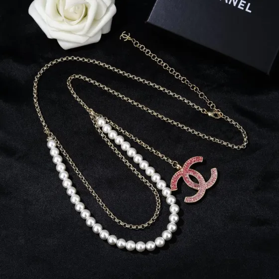 Chanel Goose series CC logo pearl chain necklace gold-tone metal white faux pearl pink crystal 80cm adjustable