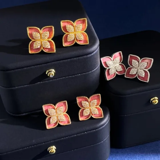 Roberto Coin Princess Flower earrings 18k yellow gold 18k white gold pink rhodonite pave diamond 15mm diameter
