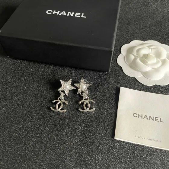 Chanel CC Star Drop Earrings earrings Silver-tone metal with clear crystals and white pearl accents One Size