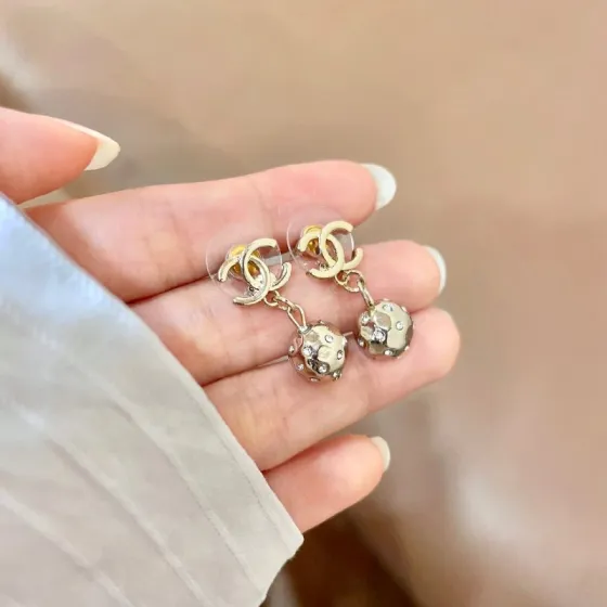 Chanel CC Logo Hammered Crystal Ball Drop Earrings earrings Light gold-tone metal with clear faceted crystal accents Approximately 2cm total drop length