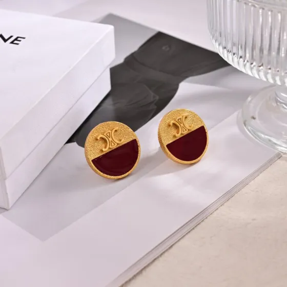 Celine Triomphe Precious Enamel Stud Earrings earrings matte gold-tone metal with burgundy enamel 20mm diameter
