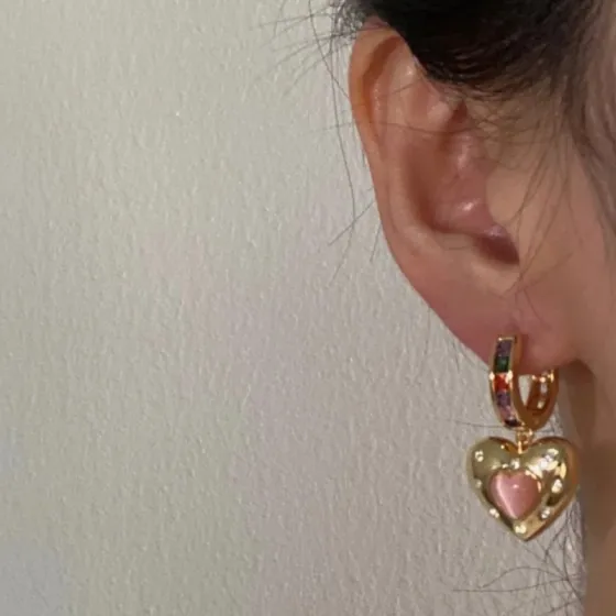 Celine 090045 Heart Star Charm Hoop Earrings earrings gold-tone metal with multicolor rainbow gemstones on hoops pink opal-like heart center blue lapis-like star center clear accent stones 1 5cm hoop diameter 2 5cm total drop length