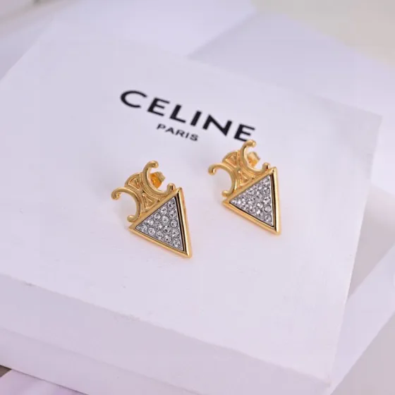 Celine Triomphe Triangular Crystal Studs earrings gold-tone metal with clear faceted crystals 1 5cm stud length