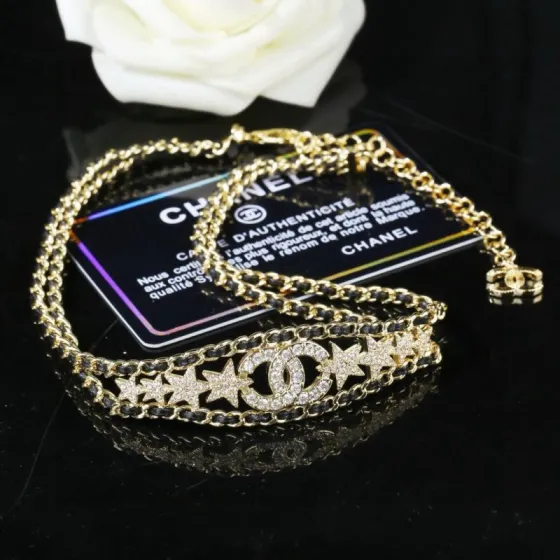 Chanel CC Star Crystal Leather Woven Choker necklace gold tone metal black leather clear crystal 36cm with 6cm extender