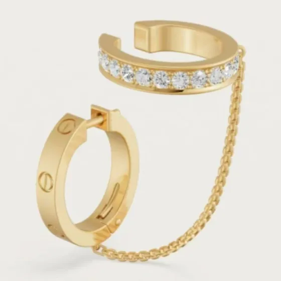 Cartier Love earrings Yellow gold with clear round-cut diamonds 12mm hoop diameter 30mm chain length