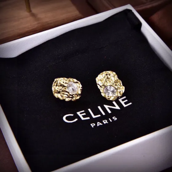 Celine PRECIOUS earrings gold-tone metal with clear faceted crystal stones 1 5cm stud diameter