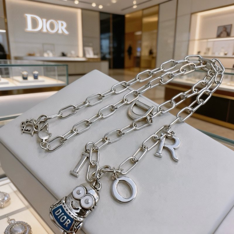 Dior Minions x Dior Sorayama Charm Chain necklace Silver-toned metal with blue enamel and white enamel accents 60cm