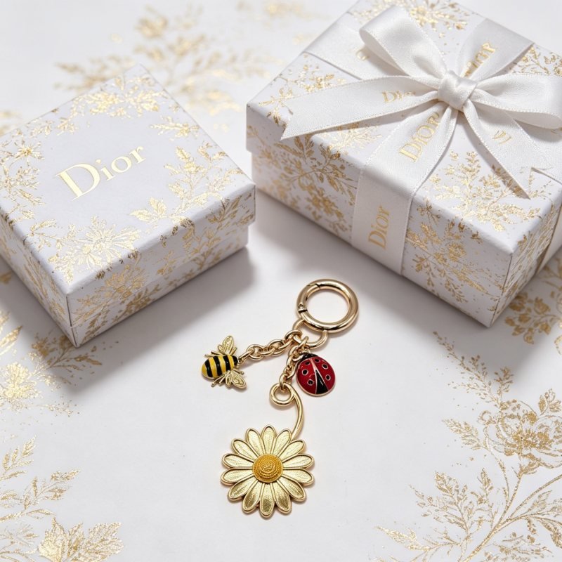 Dior Dior Garden Charms Key Holder pendant Gold-tone metal with yellow and black enamel bee red and black enamel ladybug gold daisy white enamel daisy with yellow center blue glitter four-leaf clover accents Total length 9cm key ring diameter 2 5cm