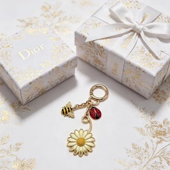 Dior Dior Garden Charms Key Holder pendant Gold-tone metal with yellow and black enamel bee red and black enamel ladybug gold daisy white enamel daisy with yellow center blue glitter four-leaf clover accents Total length 9cm key ring diameter 2 5cm