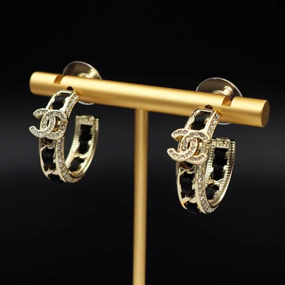 Chanel ABA216 B10370 NM705 CC Logo Hoop Earrings earrings Gold-tone metal black lambskin leather clear crystal rhinestones One Size 2 5cm hoop diameter