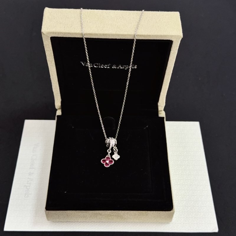 Van Cleef Arpels Alhambra Lucky Charms Pendant Necklace necklace silver-toned white gold with white diamonds and ruby red gemstones 42cm