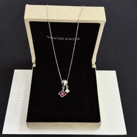 Van Cleef Arpels Alhambra Lucky Charms Pendant Necklace necklace silver-toned white gold with white diamonds and ruby red gemstones 42cm