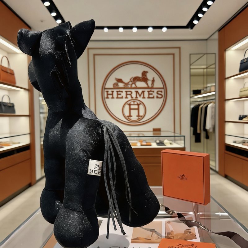 Hermes Hermy Horse Plush brooch Black fabric with silver glitter gold-tone button eye black leather tail accents 35cm