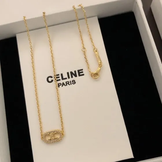 Celine Triomphe Rhinestone Oval necklace gold-tone metal with clear crystal accents 45cm with 5cm extender