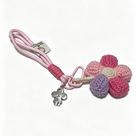 Louis Vuitton Anger Forest Crochet Flower Keychain Charm pendant Pink light pink purple cream crocheted flower with pink cord pink metal hardware silver-tone enamel flower charm 12cm total strap length