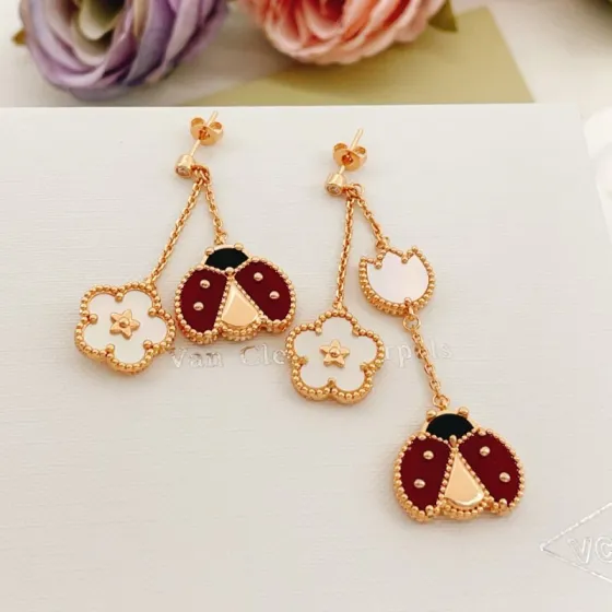 Van Cleef Arpels Lucky Spring earrings Rose gold white mother-of-pearl red carnelian black onyx diamond accent 4 5cm drop length