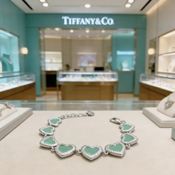 Tiffany Co Heart Link bracelet silver-toned metal with tiffany blue enamel and clear diamond accents 18cm