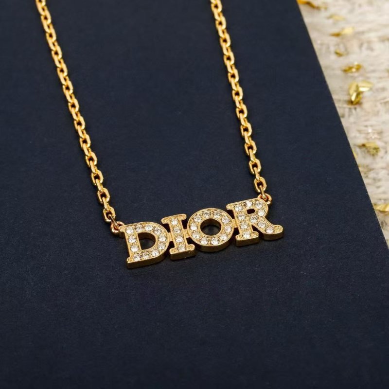 Dior DIOR Logo Crystal Pendant necklace gold-tone metal with clear crystal accents 42cm with 5cm extender