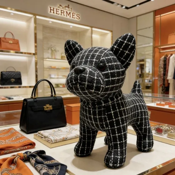 Hermes Buldog Plush Decor brooch Black fabric with white grid pattern brown eyes black nose 28cm
