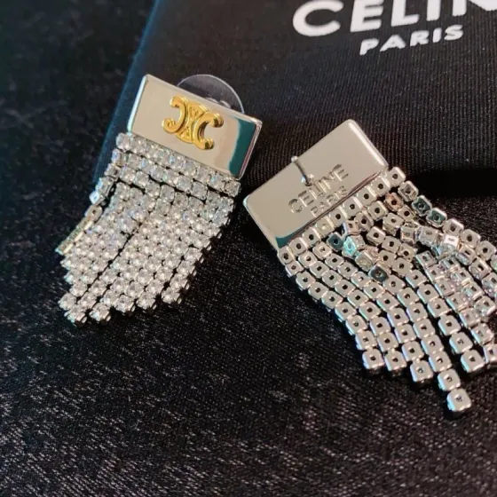 Celine Triomphe Crystal Fringe Earrings earrings silver-tone metal with gold-tone Triomphe logo clear crystal rhinestones 3 5cm drop length
