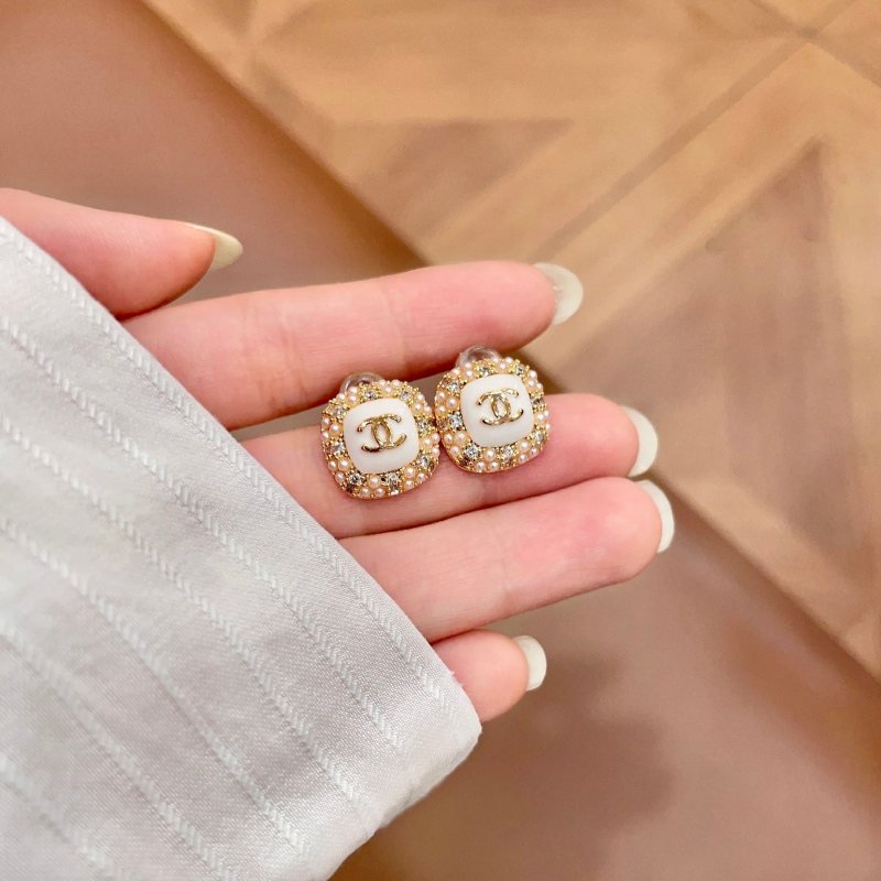 Chanel CC Logo Square Stud Earrings earrings gold-tone metal white enamel clear crystals cream faux pearls 1 2cm diameter