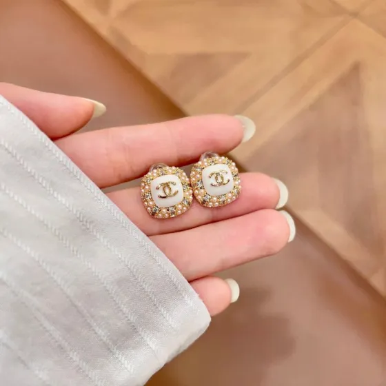 Chanel CC Logo Square Stud Earrings earrings gold-tone metal white enamel clear crystals cream faux pearls 1 2cm diameter