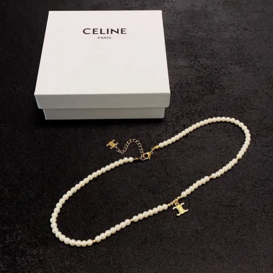 Celine Triomphe Pearl Choker necklace gold-tone metal white pearl 40cm with 5cm extender