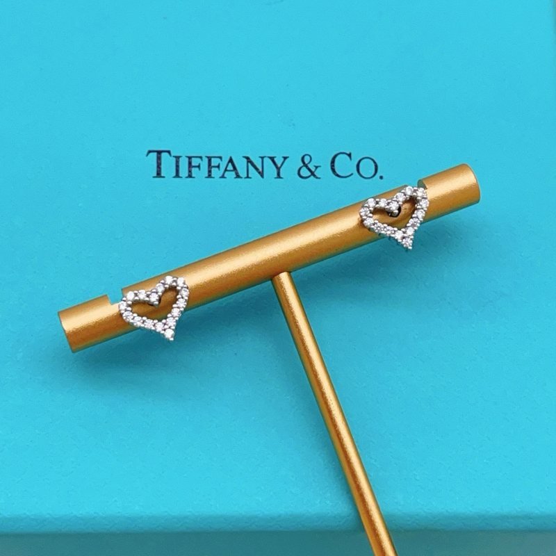 Tiffany Co Diamond Open Heart earrings silver-toned white gold with clear diamonds 8mm stud length